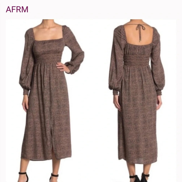 AFRM Women Maxi‎ Dress Small Petite Brown Leopard Smock Slip Occasion Boho Chic - Picture 1 of 10